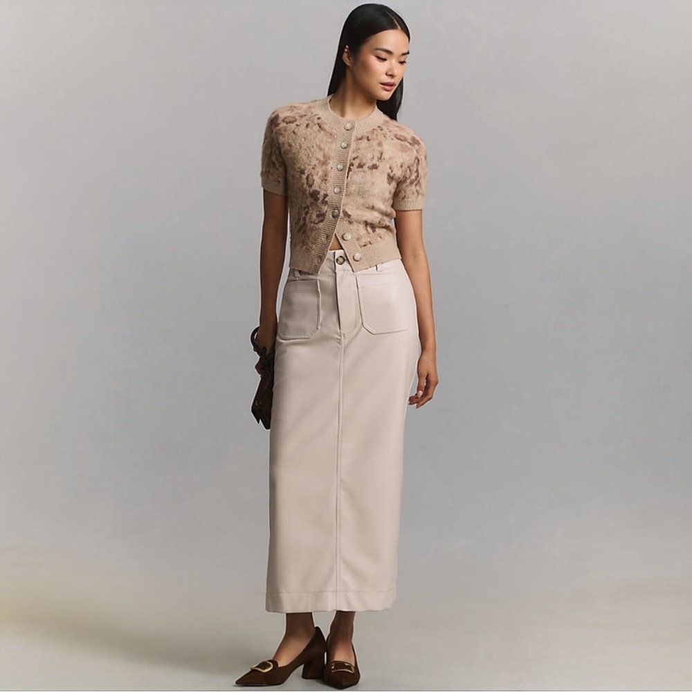 Maeve Anthropologie Faux Leather Midi Skirt Cream XS Coated Vegan Leather NWT